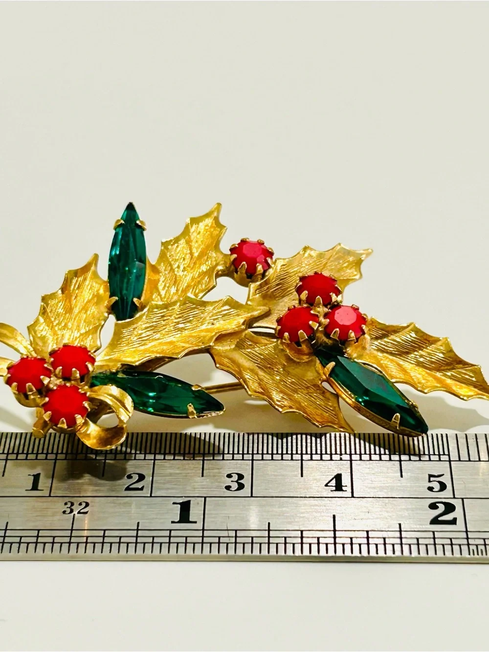 Vintage Christmas Brooch Holiday Holly Berries Brushed Goldtone Pin Back